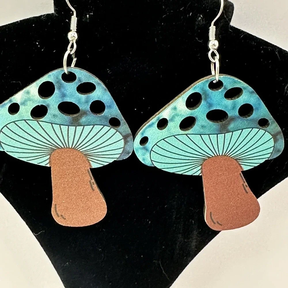 Blue Mushroom Earrings Dangle‎ Drop Whimsical Fungi Jewelry Women - Picture 5 of 7
